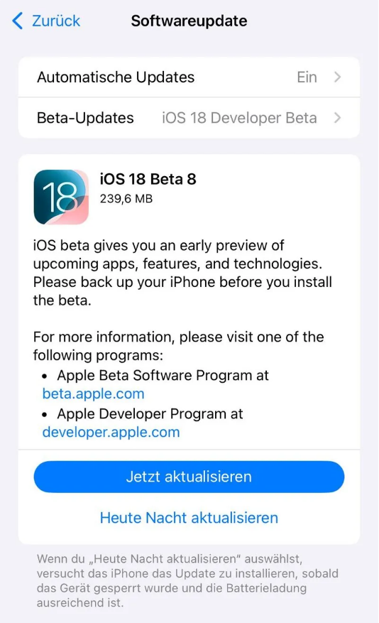 阜康苹果手机维修分享苹果 iOS / iPadOS 18 开发者预览版 Beta 8 发布 